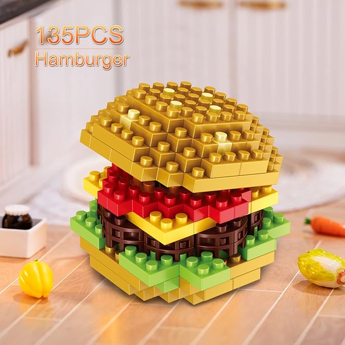 Mini Building Blocks Sets Toys City Fast Food 4 Packs for Kids, Micro Mini Blocks Bricks Kit for Party Favors Goodie Bags, Birthday Gifts Dessert Hamburger, French Fries, Cake, Popcorn