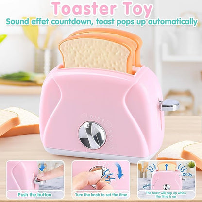 Play Kitchen Appliances Toys - Kids Kitchen Playset Accessories, Pretend Play Toy Sets with Coffee Maker, Mixer, Toaster with Realistic Lights & Sounds, Gifts for Toddler Girls Ages 2 3 4 5 6 7