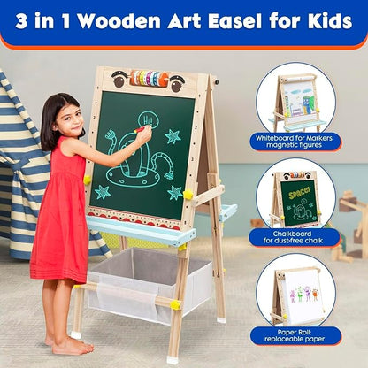 Kids Easel with Paper Roll Wooden Art Easel Height Adjustable Standing Easel with Bead Numbers Alphabet Animal Accessories Double-Sided Whiteboard & Chalkboard for Boys Girls 3 4 5 6 7 8
