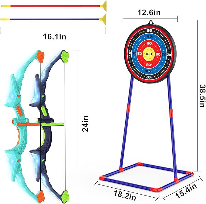2 Pack Kids Bow and Arrow Set with LED Flash Lights, 14 Suction Cup Arrows and Fluorescence Standing Target-Perfect Indoor and Outdoor Archery Set Toy Gift for Boys and Girls Ages 4-12