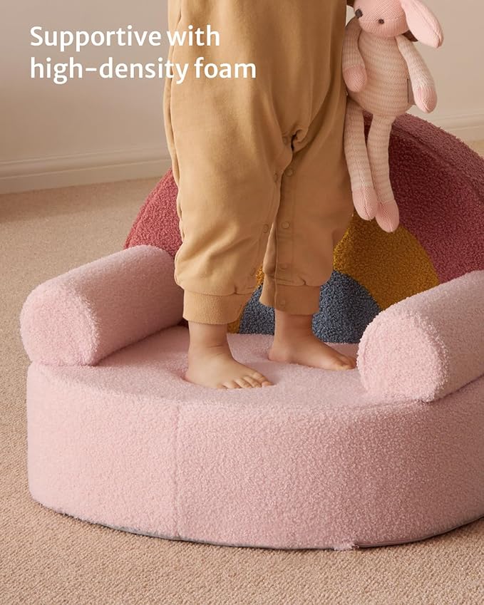Blissful Diary Toddler Chair Comfy, Foam Kids Chair with Soft Teddy Plush, Toddler Reading Armchair with Cute Rainbow Designs- Blush Pink