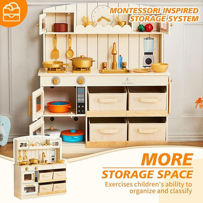 Play Kitchen for Kids, Wooden Play Kitchen with Fabric Storage Bins, Sink and Burner, Microwave Oven, Toy Kitchen Set with Plenty of Play Features Accessories, Gifts for Ages 3-8