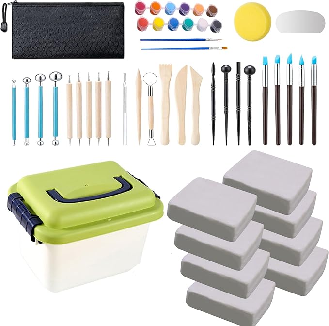 10 lb White Natural Air-Dry Clay + 30 pcs Pottery Tools + Storage Box,Ideal for Wheel Throwing,Hand Building,Sculpting;Great for All Skill Levels;Whiteware Clay for Pottery (White 10LB)