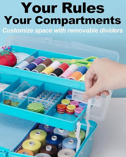 TERGOO 12in 3-Layer Plastic Craft Organizers and Storage, Portable Folding Tackle Box with Handle & Adjustable Dividers, Multipurpose Case for Sewing, Art Supplies, Medicine, Tools (Blue)