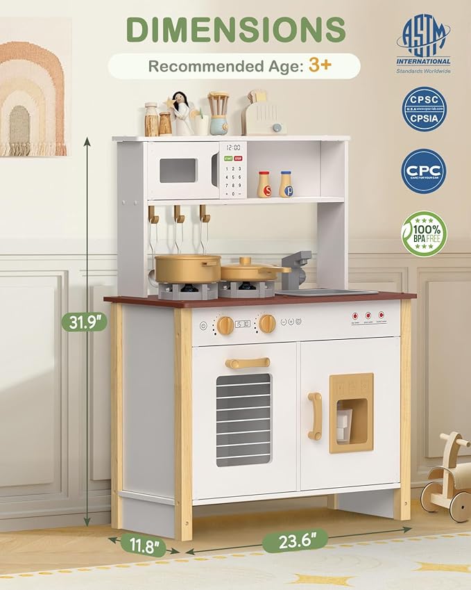 Babytronic Kids Play Kitchen, Wooden Kitchen Playset for Kids Ages 3+ with Real Lights, Sounds, Stove, Sink, Oven, and 30 Pcs Accessories, Toys Kitchen Small Pretend Play Kitchen for Toddlers (White)