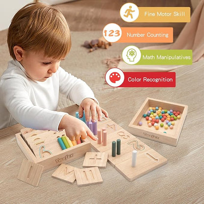 Montessori Counting Toys for Toddlers | 3 in 1 Wooden Peg Board and Montessori Counting Beads Math Toys for Kids Age 3 4 5 | Toddler Wooden Number Learning Montessori Toys