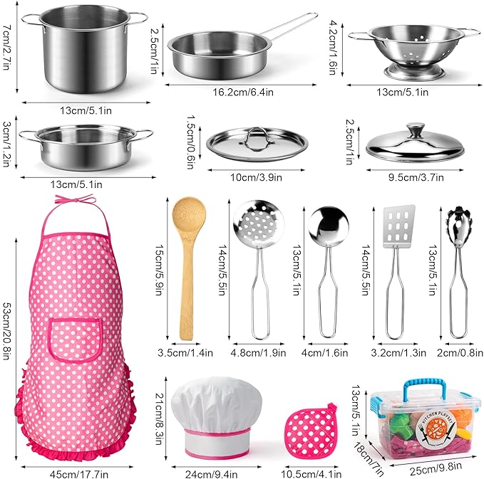 26PCS Play Kitchen Accessories, Kitchen Pretend Play Cooking Toys w/ Stainless Steel Cookware, Apron & Chef Hat,Pots and Pans Set, Cutting Foods, Great Learning Gifts for Toddler & Boys Girls