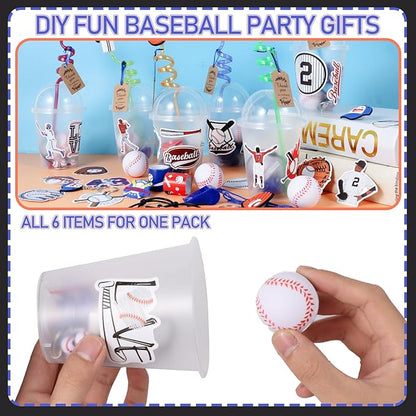 LiYiQ 158 Pcs Baseball Party Favors Baseball Party Supplies With Cup Straw Stress Ball Keychain Sticker Slaps Bracelets Whistle Thank You Tags For Baseball Birthday Decorations (Baseball)