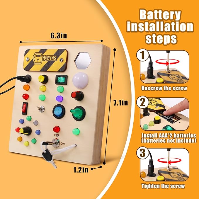 Busy Board with Led Light, Wooden Educational Montessori Sensory Travel Toys for Toddlers 1-3, Fine Motor Skills Birthday Gifts for Boys Girls Toddlers 1 2 3
