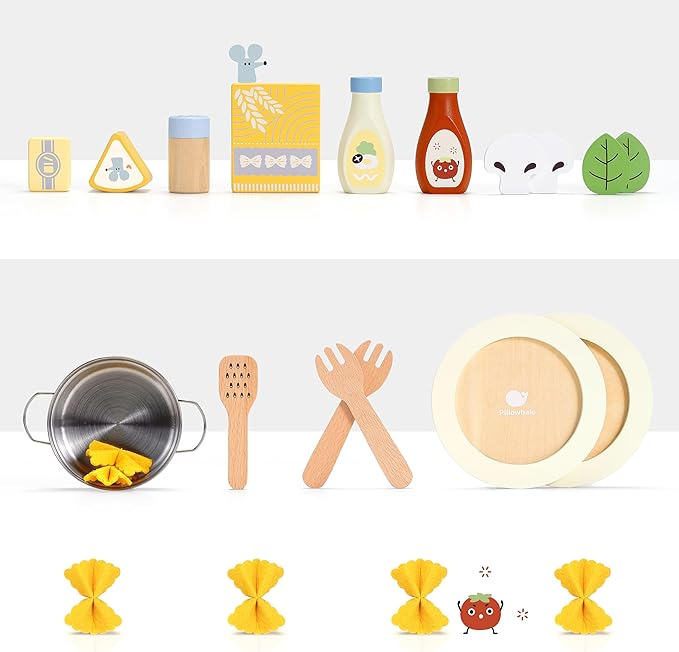 Pasta Food Toys, Wooden Play Kitchen Food , Play Food with Pots and Pans Playset, Kids Pretend Play Kitchen Accessories Toys Set for Girls Boys 3+Years Old