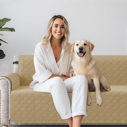 CHUN YI Loveseat Cover, Water Resistant Slipcover for 2 Cushion Couch, Washable Sofa Cover with Adjustable Strap Storage Pocket for Living Room Dog Pet (Loveseat, Khaki)