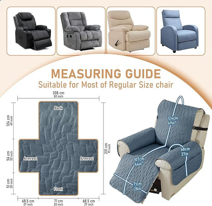 100% Waterproof Recliner Chair Covers for Reclining Chair, Small Recliner Covers That Stay in Place, Non-Slip Recliner Armchair Cover with Pockets for Kids, Pets, Dogs, Cat, Washable,Gray blue