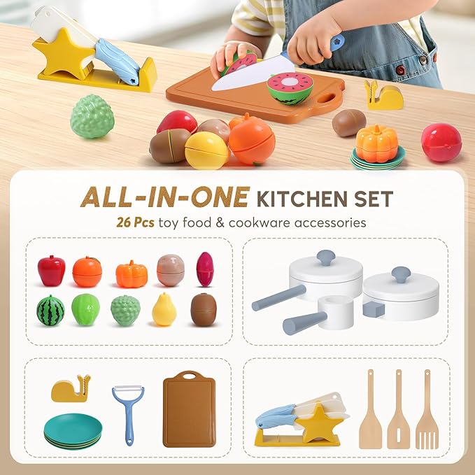 BIERUM Play Kitchen with Realistic Lights & Sounds, Wooden Kitchen Playset Chef Pretend Play Set for Toddlers, Toy Kitchen with 26 Pcs Toy Food & Cookware Accessories, Gift for Ages 3+ (Bule)