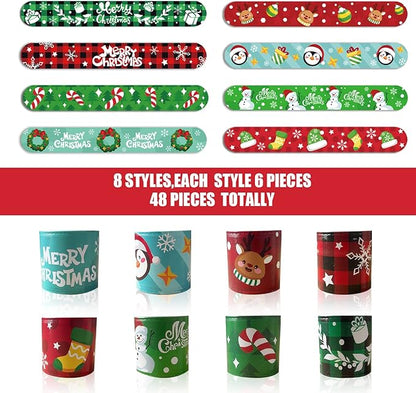CCINEE 48Pcs Christmas Slap Bracelets，Xmas Slap Wristbands Assorted Christmas Theme Pattern Snap Wristbands for Kids Christmas Party Favors Gift Bag Filler