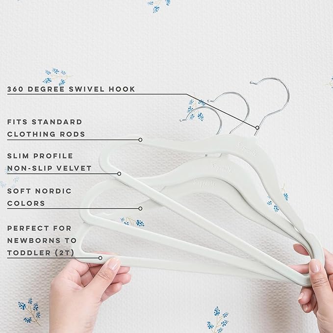3 Sprouts Velvet Baby Hangers - Non-Slip Hanger for Infant, Toddler, Baby Clothes - Closet Kids Hangers with Slim Design, Nordic Colors, Pack of 30 - Green