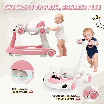 Baby Walker with Wheels, 7-in-1 Foldable Baby Walkers for Boys Girls 6-12 Months with Feeding Tray & Music, Lights,Rocker,Sun Canopy, Bouncing Pedal, Adjustable Wheel Speed, Push Walker (Pink)