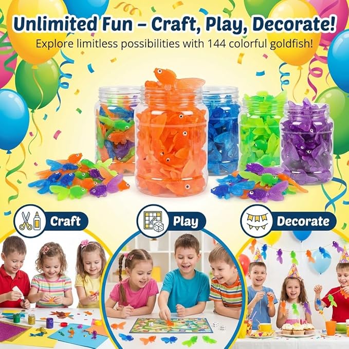 Bedwina Plastic Vinyl Goldfish - 144 Pcs, 2 Inches Long Gold Fish Toys in Assorted Colors for Party Favors for Kids, Decorations, Crafts, Games and Birthday Party Supplies