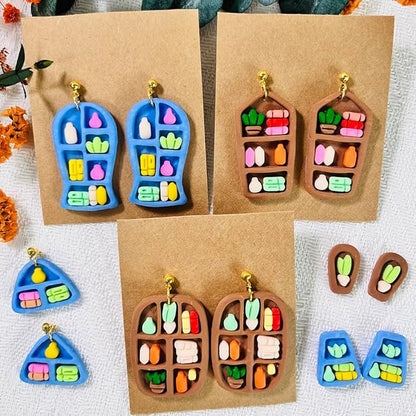 Xaekicr 20pcs Polymer Clay Cutters Display Shelf Set – Miniature Clay Cutters for Polymer Clay Jewelry, Bookshelf Earring Molds with Bottles, Pots and Bowls, Clay Tools for DIY Accessories