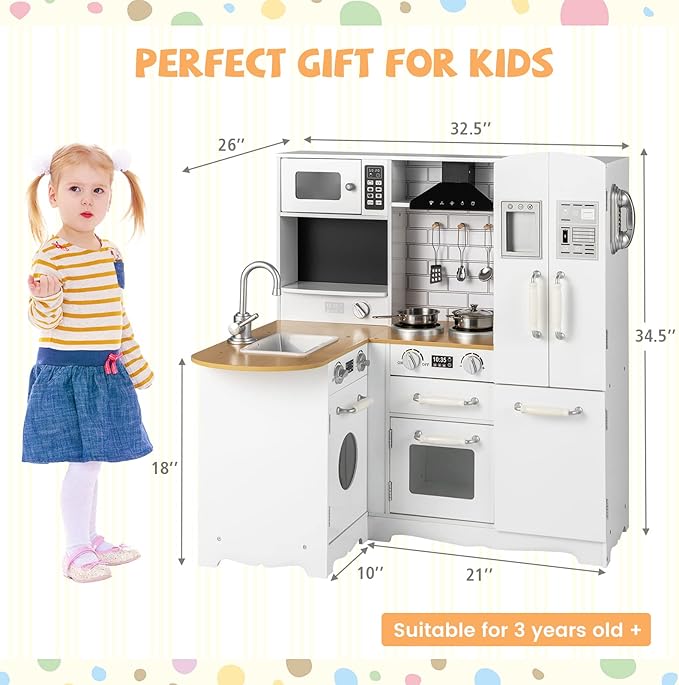 HONEY JOY Corner Kids Kitchen Playset, Little Chef Wooden Play Kitchen for Toddlers, Microwave, Refrigerator, Water Dispenser, Range Hood, Cookware, Pretend Play Toy Kitchen Set w/Lights and Sounds