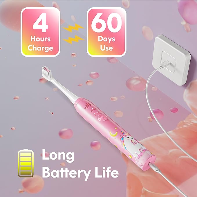 Kids Electric Toothbrush Rechargeable Age 3-5-6-12-18 Year Old, Girls Electric Toothbrush with Timer 3 Modes 4 Vibrating Heads Habit-Forming Stickers 31000VPM Girls Toothbrush (Unicorn Pink)