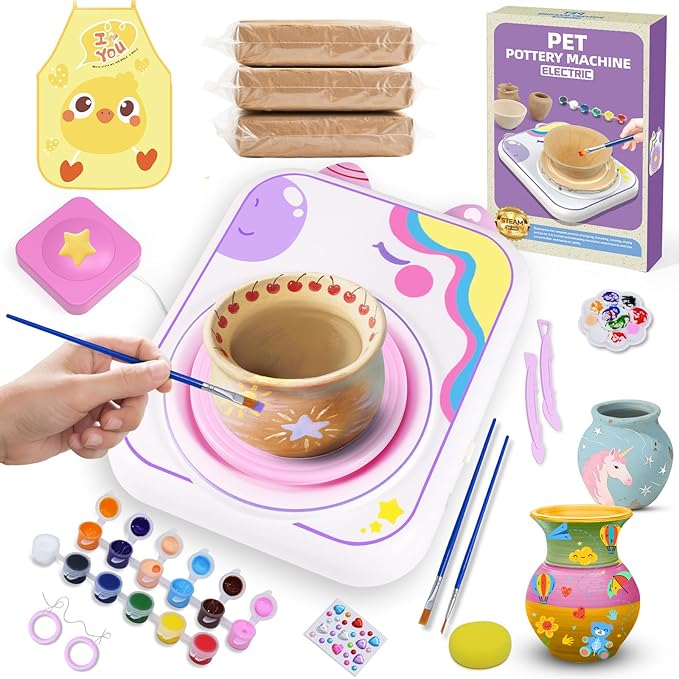 weirtoya Pottery Wheel for Kids, Girls Arts and Crafts Toys for Kids Ages 8-12,Pottery Craft Kit with 3 Pack Air-Dry Clay, Art Supplies for Kids Toys Girls Birthday Gift for 6 7 8 9 10 11 12+