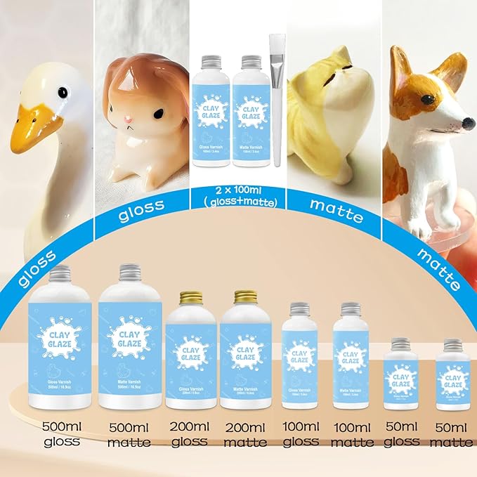 2 x 100ml Air Dry Clay Glaze, Clay Glaze Air Dry for Airdry Clay, Air Dry Clay Varnish Can Not Only Used to Prevent Clay Cracking, Scratches, and Wear,It Can Also Having a Glaze Effect (Gloss+Matte)