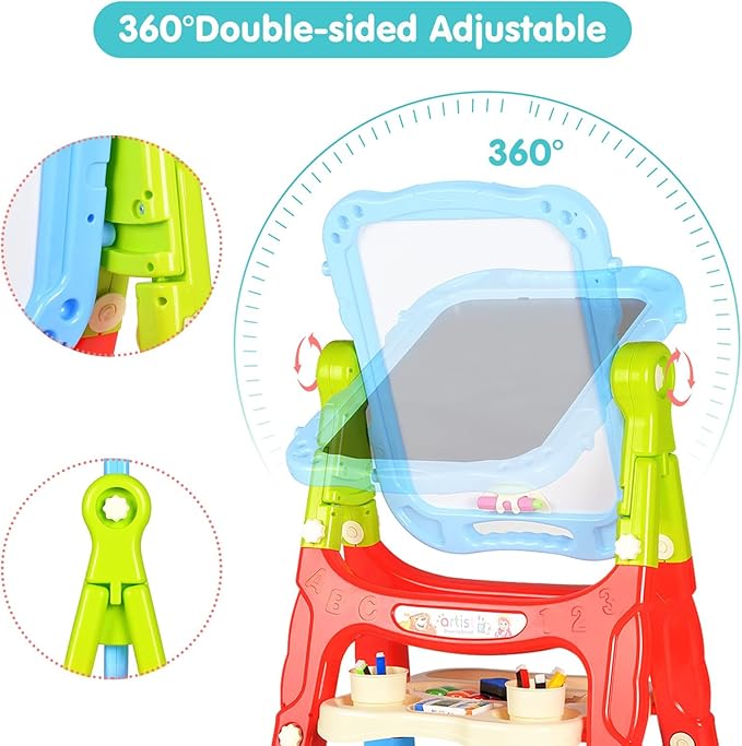 Kids Easel, Adjustable Standing Kids Easels for Toddlers, Double Magnetic Drawing Board with Painting Accessories, Present for Little Boys and Girls Age 3 4 5, Blue