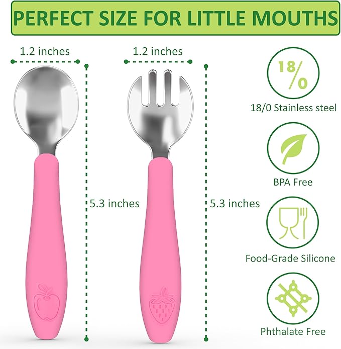 CHILLOUT LIFE Toddler Utensils, Kids Silverware with Silicone Handle, Stainless Steel Metal Toddler Forks and Spoons Safe Baby Cutlery Set for Self Feeding BPA Free Dishwasher Safe