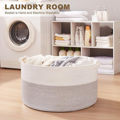 OIASKET Large Blanket Storage Basket for Living Room, 22.8" x 22.8" x 13" Woven Cotton Rope Basket with Handles, Baby Toy Storage, Laundry Hamper for Clothes, Pillows, Towels-Grey and White