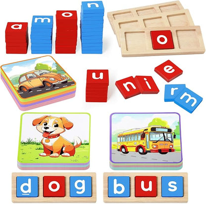 KMUYSL CVC Word Spelling Games, Wooden Learning Activities Toys, Educational Montessori Toy for 2 3 4 5 Years Old Toddlers Kids Boys and Girls, Flash Cards Sight Words for Kindergarten Preschool
