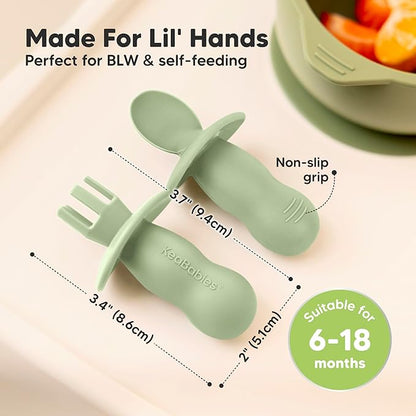 KeaBabies 4-Pack Silicone Baby Spoons and Forks Set - Baby Spoon Self Feeding, BLW Baby Utensils 6-12 Months, Baby Led Weaning Feeding Spoon, Teething Infant Baby First Food Training Pre Spoon (Sage)