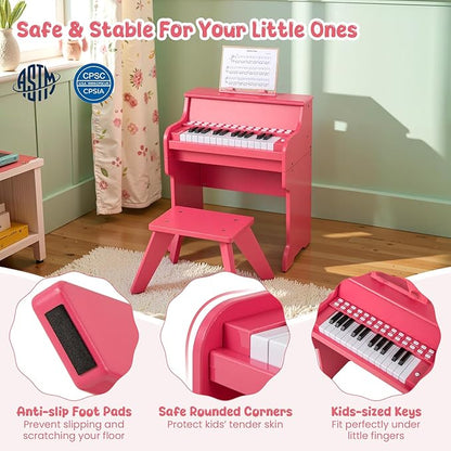 HONEY JOY Wooden Kids Piano, 25 Lighted Keys Kids Keyboard Piano w/Music Stand, Bench, Early Learning Educational Musical Instrument, Baby Music Toy for 3+ Years Old Toddlers Boys Girls (Pink)