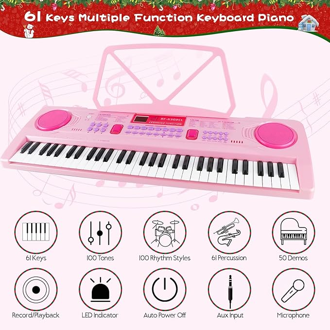 WOSTOO 61 Key Piano Keyboard for Kids, Portable 24.6-Inch Electronic Digital Piano with Follow Teaching Mode, Music Stand, Microphone & Recording, Educational Musical Instrument for Beginners, Pink