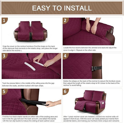KinCam Waterproof Loveseat Recliner Cover, Non-Slip Reclining Couch Covers for 2 Seat, Recliner Sofa Cover Furniture Protector with Elastic Straps for Kids, Pets, Burgundy