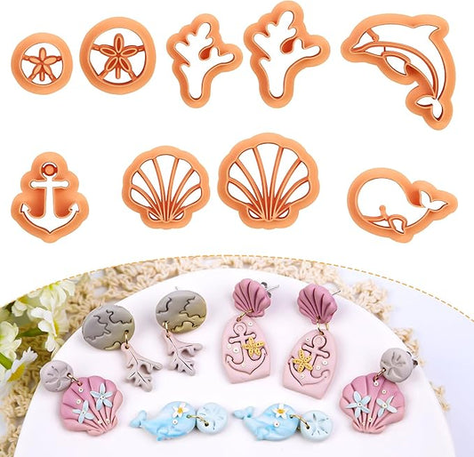 Puocaon Sea Polymer Clay Cutters - 9 Pcs Scallop Seashell Clay Cutters for Earrings, Sand Dollar Clay Earring Cutters, Anchor Shape Clay Cutters for Polymer Clay Jewelry, Coral Dolphin Clay Cutters