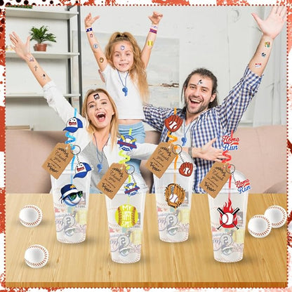 Baseball Party Favors, 172 pcs Birthday Party Supplies contains Cups, Straws, Whistles, Bracelets, Keychains, Stickers, Soft Balls, Tatoo Stickers, Thank You Tags for Sport Themed Birthday Decors