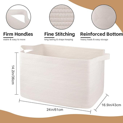 OIASKET 95L Extra Large Blanket Basket, 24" x 16.9" x 14.2" Woven Storage Basket for Living Room, Rectangle Nursery Blanket Storage for Toys, Towels, Dirty Clothes (White)