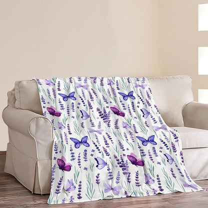 Purple Lavender Floral Flowers Butterfly Throw Blanket Gifts for Girls Boys Men Women Ultra Soft Warm All Season Decorative Fleece Blankets for Bed Chair Car Sofa Couch Bedroom 40"X50"