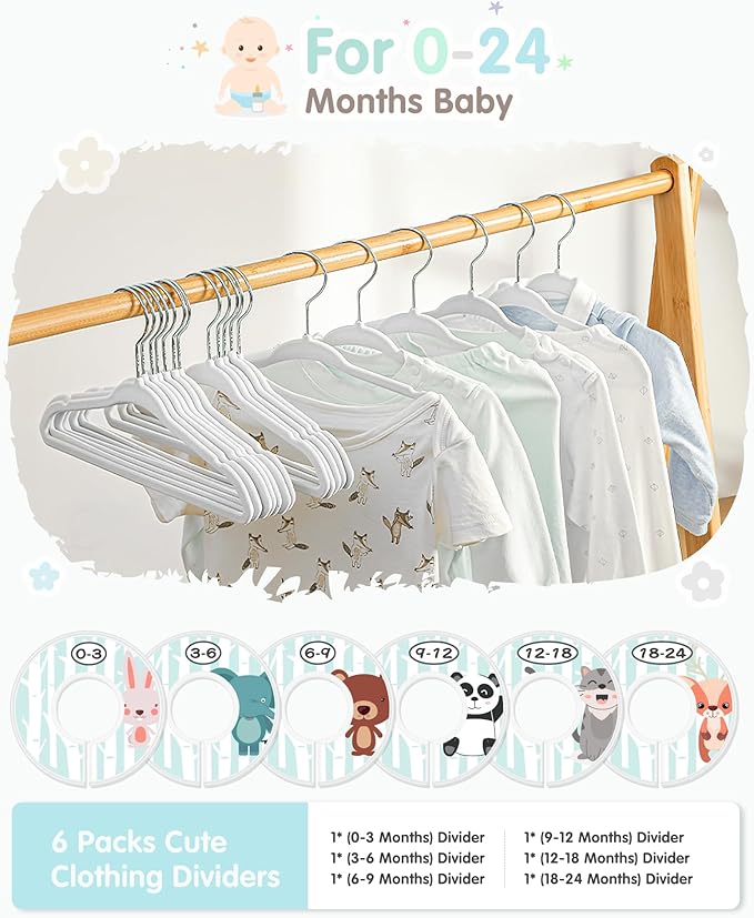 Baby Hangers, VIS'V 11 Inch White Velvet Kids Hangers with 6 Pcs Size Dividers Non Slip Nursery Children Closet Clothes Hangers for Infant Toddler Girls and Boys 50 Pcs