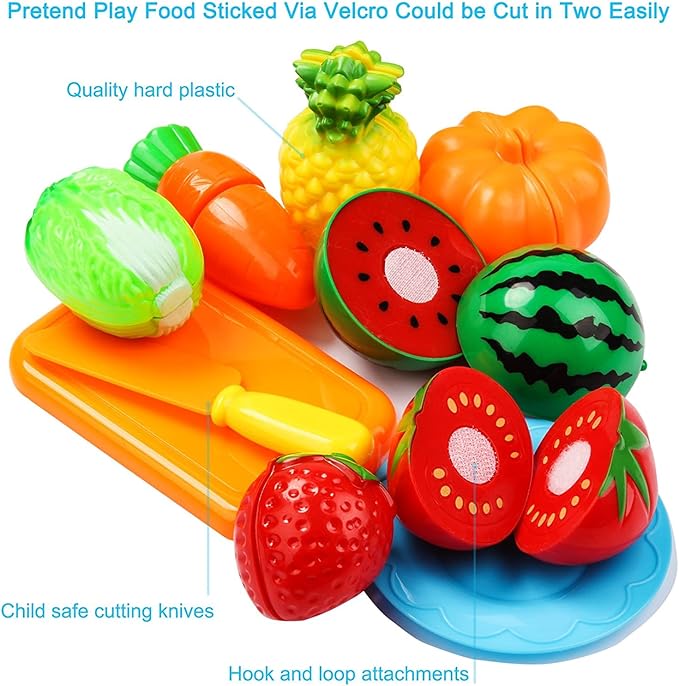 Cutting Play Food Set Kitchen Pretend - 40pcs Grocery Basket Toys Food for Kids Toddlers Girls Boys Educational Fake Fruits Vegetables Pizza Knife Dishes Playhouse Accessories Xmas Gifts