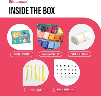 Air Dry Clay for Kids & Adults - Magic Modeling Clay Kit: 50 Vibrant Colors, 100 Googly Eyes, Soft & Safe Material - Creative Fun Arts and Crafts Set