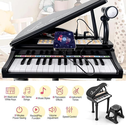 HONEY JOY Classical Kids Piano, 31-Key Toy Mini Grand Piano with Music Stand & Stool, Portable Electronic Educational Musical Instrument Toy w/ Microphone, Lights, Gift for Kids (Black, 31 Keys)