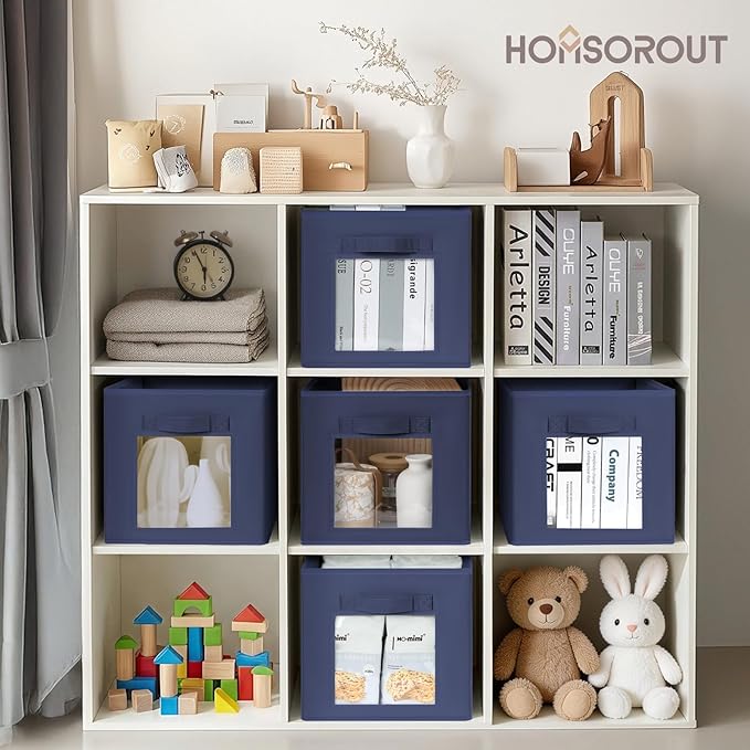 Homsorout Storage Cube 11 Inch - Cube Storage Bins with Window, Closet Storage Baskets with Handle, Fabric Bins for Closet, Shelves, Toys, Clothes, Set of 6, Navy Blue