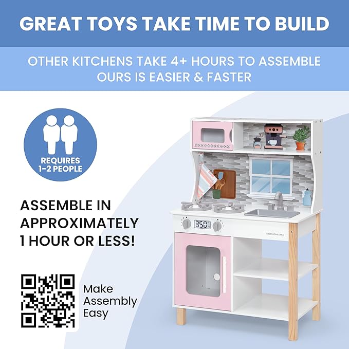 Delta Children Tiny Chef Play Kitchen - Toy Kitchen Playset with Realistic Knobs That Turn/Click, Oven, Sink, Microwave and 15 Pieces of Play Food, Pink