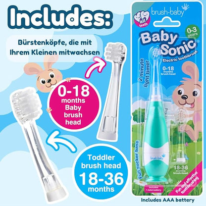 brush-baby BabySonic Infant and Toddler Electric Toothbrush for Ages 0-3 Years - Smart LED Timer and Gentle Vibration Provide a Fun Brushing Experience - Includes 2 Sensitive Brush Heads (Teal)