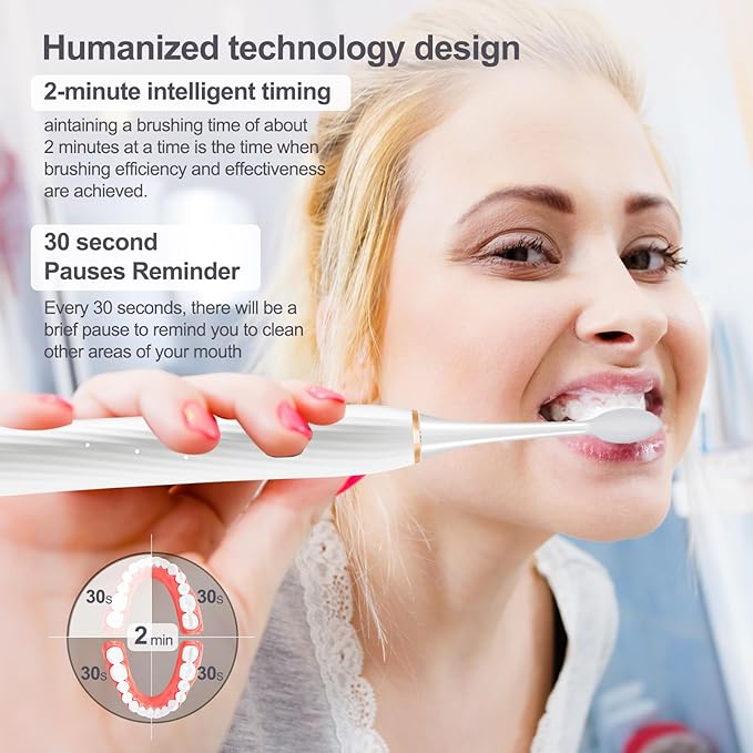 Electric Toothbrush for Adults and Kids, Sonic Electric Toothbrush, 4 Modes and 2 Minute Timer, 30000-45000VPM Power Toothbrush, IPX8, One Charge for 90 days 8 Replacement Head, Christmas Gift (White)