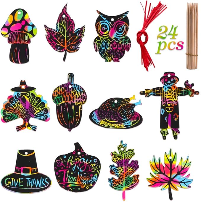 Hohomark Thanksgiving Scratch Off Cards - 24PCS Thanksgiving Crafts for Kids DIY Rainbow Scratch Paper for Thanksgiving Party Thanksgiving Arts and Crafts for Kids