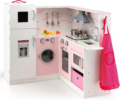 HONEY JOY Pink Corner Kids Kitchen Playset, Wooden Play Kitchen for Toddlers, Washing Machine, Range Hood, Water Dispenser, Cookware, Apron, Little Chef Pretend Toy Kitchen Set w/Lights & Sounds