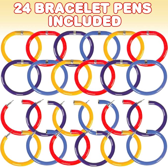ArtCreativity Bracelet Pens for Kids, Set of 24, Functional 2-in-1 Pens with Blue Ink, Birthday Party Favors for Boys and Girls, Goodie Bag Fillers for Children and Adults, Teacher Rewards, 4 Colors