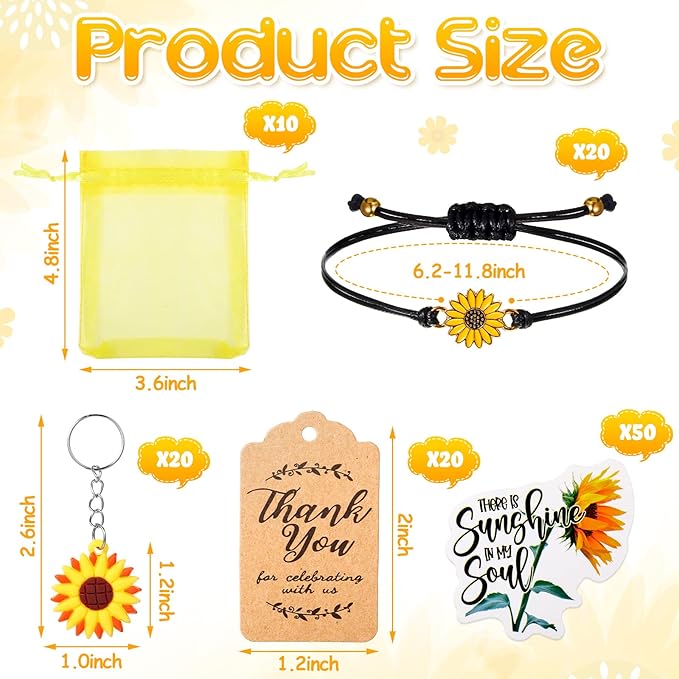 130 Pcs Sunflower Party Favors Including Sunflower Keychains Adjustable Sunflower Bracelets PVC Sunflower Stickers Thank You Kraft Tags Organza Bags for Birthday Summer Party Wedding School Reward